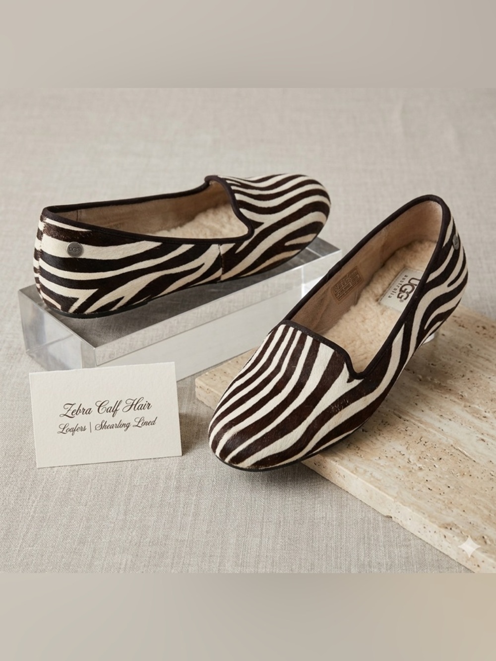 UGG Australia Zebra Exotic Calf Hair Loafer Flats Fur Sheepskin Lined Sz 8